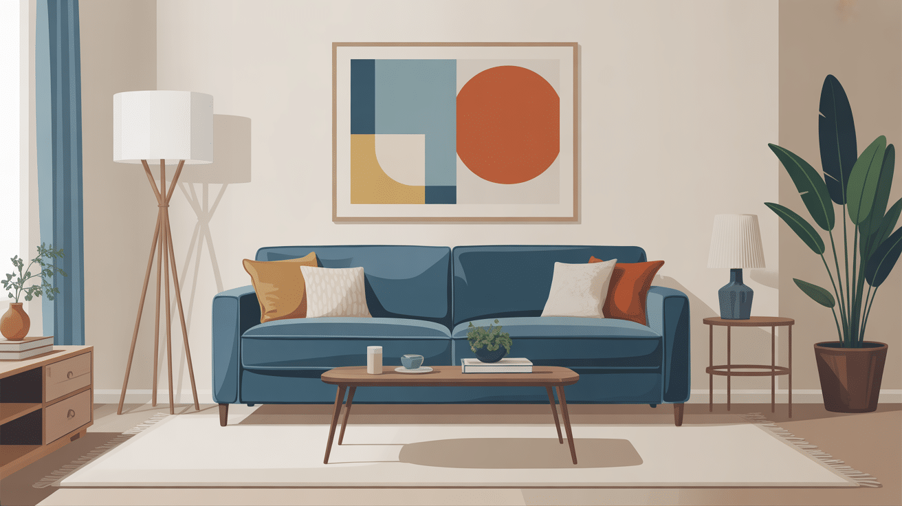 canapé bleu pétrole illustration salon moderne chic