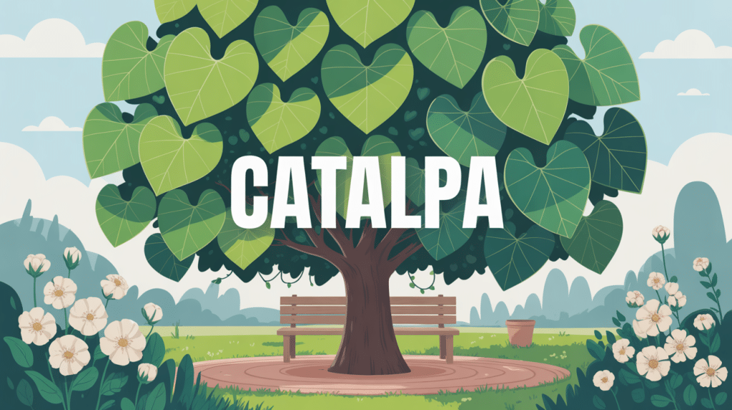 illustration catalpa feuilles fleurs banc ombre jardin