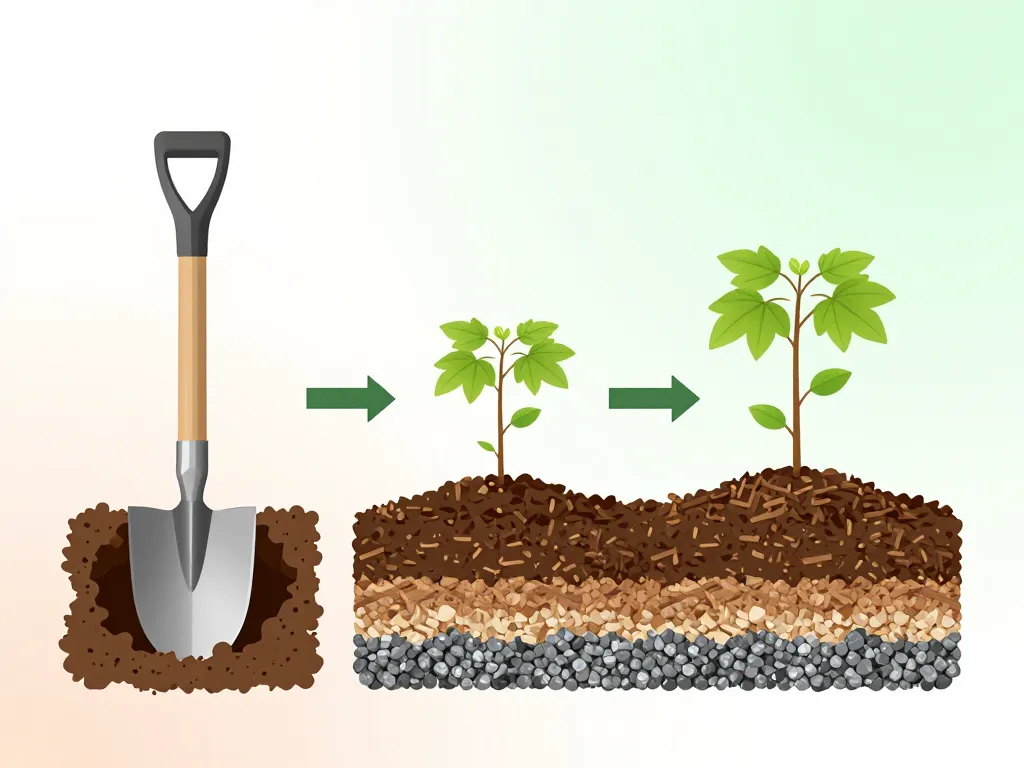 schéma plantation catalpa trou sol drainage paillage
