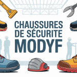 chaussures de sécurité modyf sur fond d’atelier et chantier