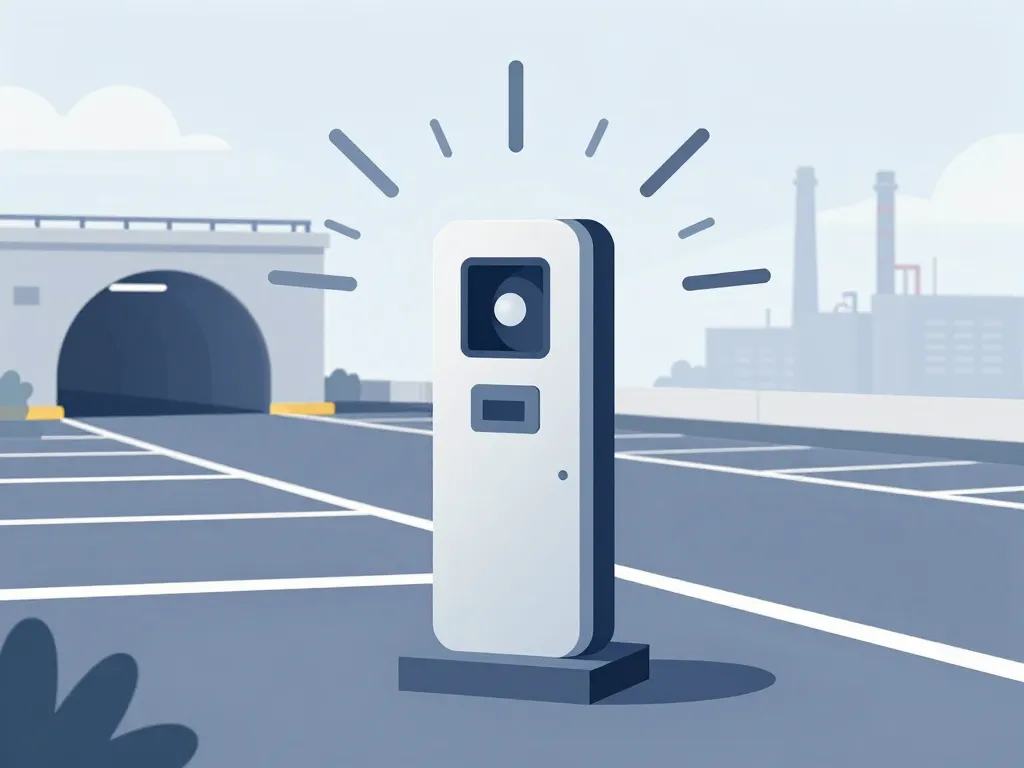 borne d'appel d'urgence stylisée dans parking, tunnel et site industriel