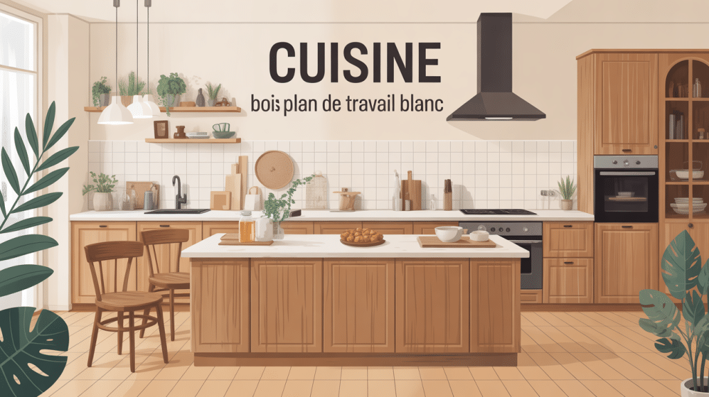 Cuisine bois plan de travail blanc moderne lumineuse