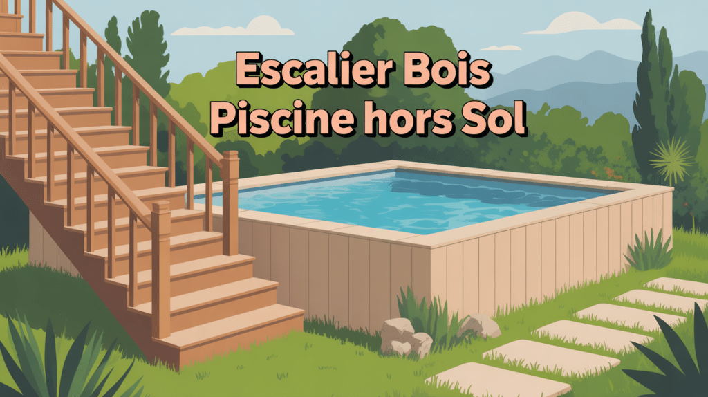 Illustration escalier bois piscine hors sol moderne