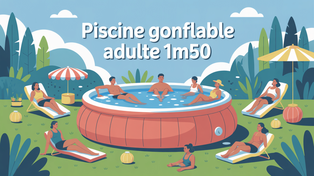 Illustration de piscine gonflable adulte 1m50 hauteur avec adultes relaxés