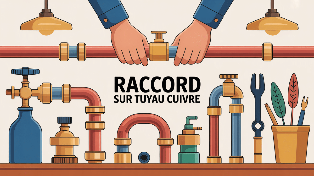 illustration raccord sur tuyau cuivre avec outils et tubes