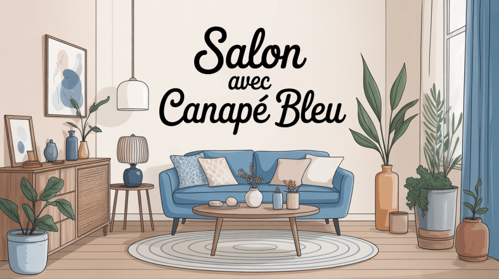 salon canape bleu illustration deco cosy moderne