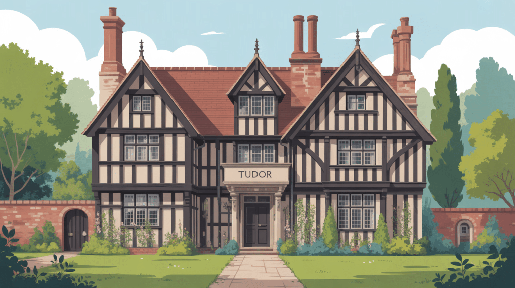 maison style tudor avec colombages et toit pentu