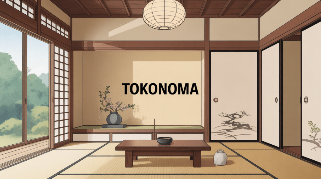 toko no ma alcôve japonaise avec kakemono et ikebana