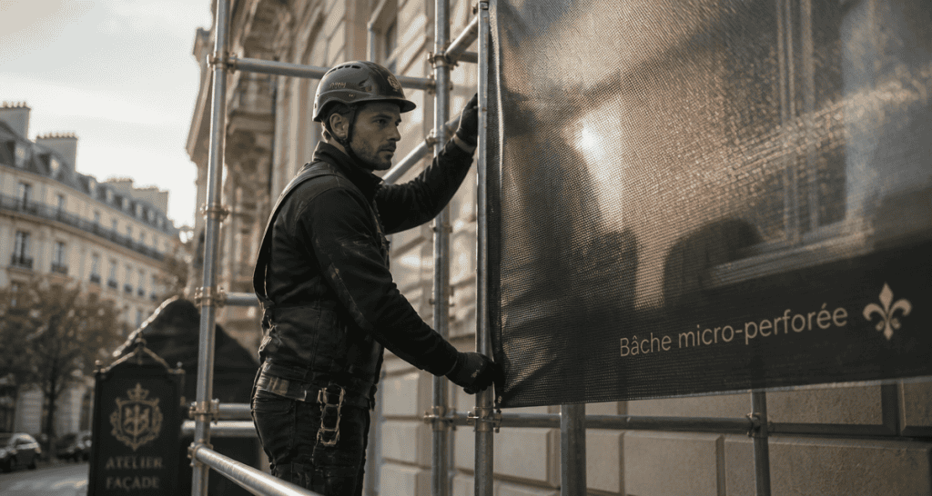 bache micro perforée fixée sur échafaudage façade