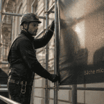 bache micro perforée fixée sur échafaudage façade