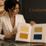 Femme avec nuancier couleur en y sur fond or et marbre