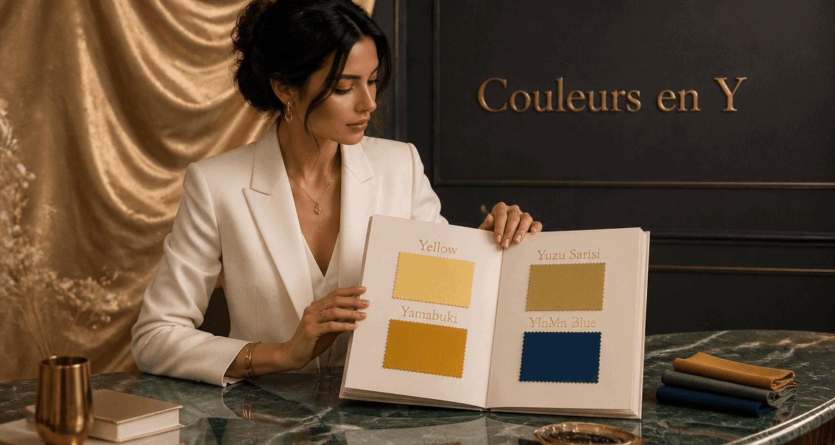 Femme avec nuancier couleur en y sur fond or et marbre
