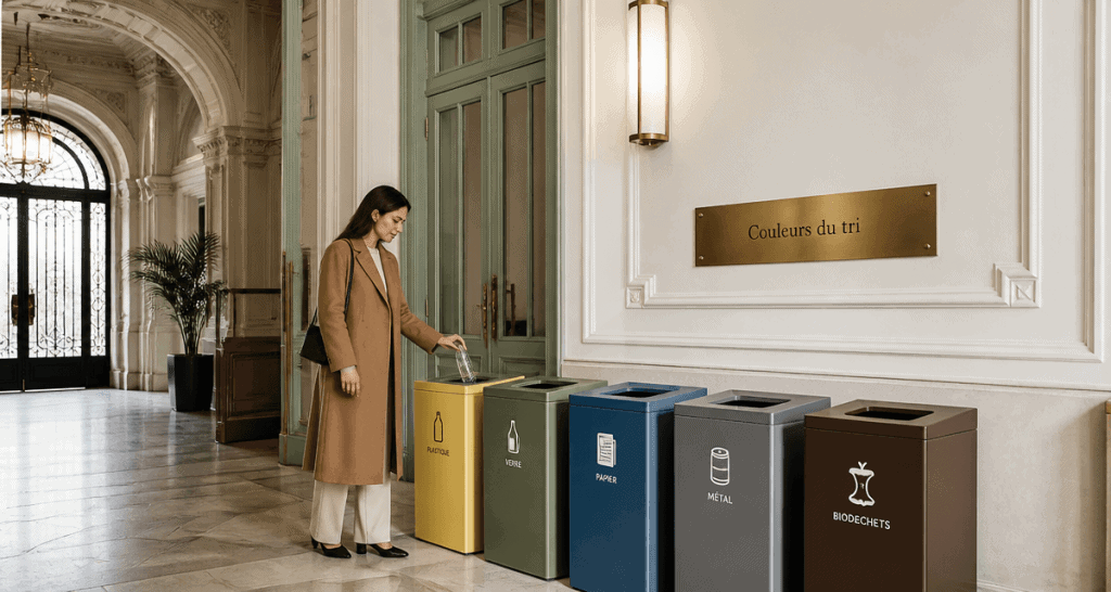 cinq bacs couleur poubelle tri selectif alignés dans hall