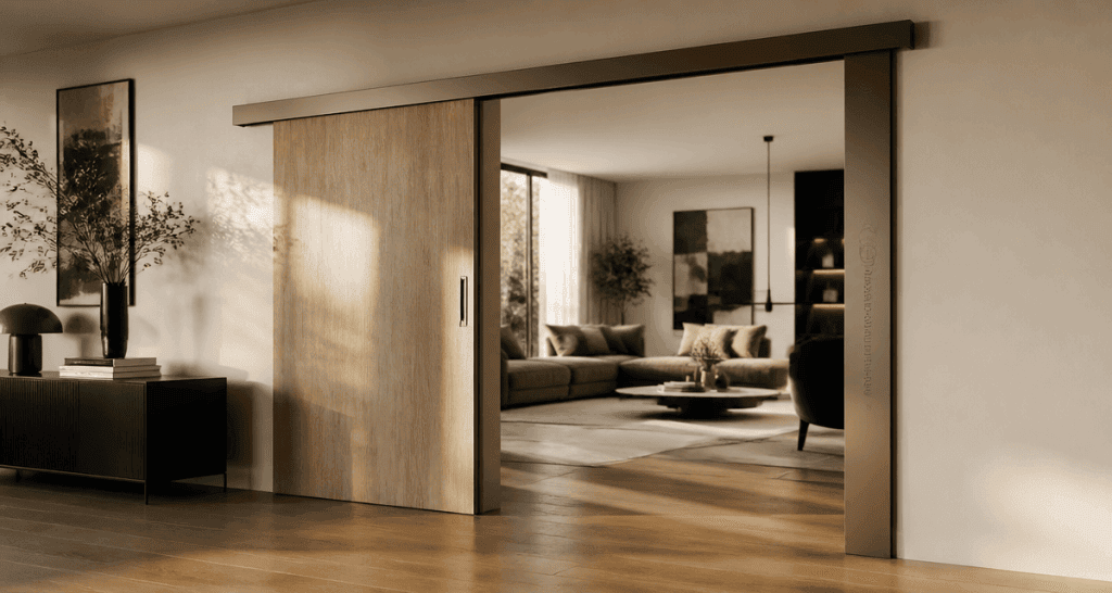porte coulissant habitat bois bronze salon moderne