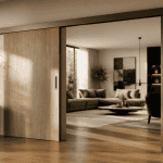 porte coulissant habitat bois bronze salon moderne