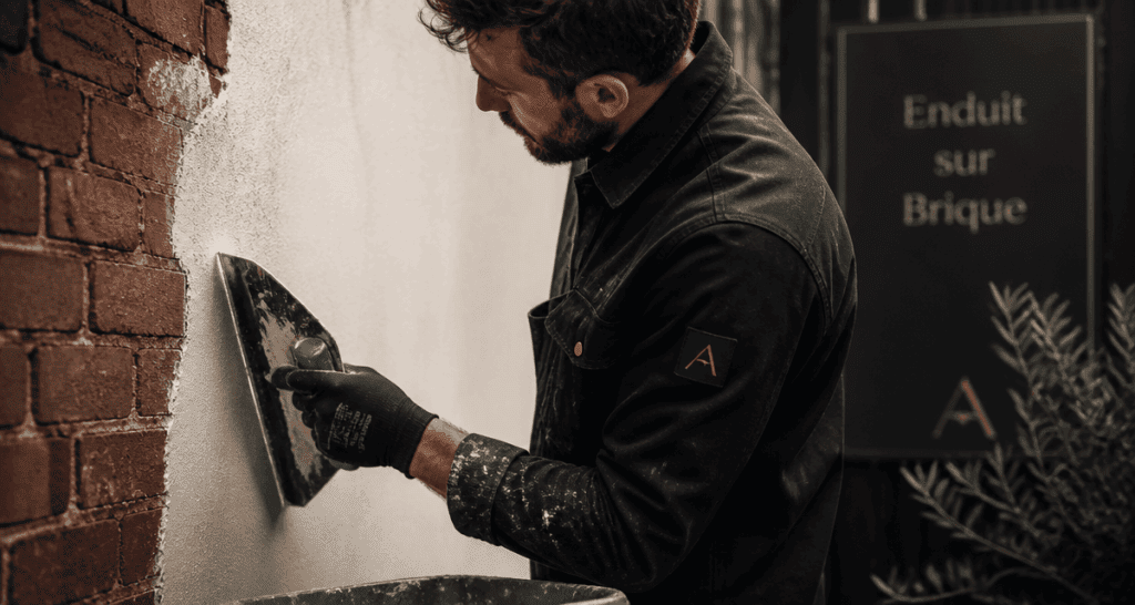 Enduit sur brique appliqué par artisan sur mur