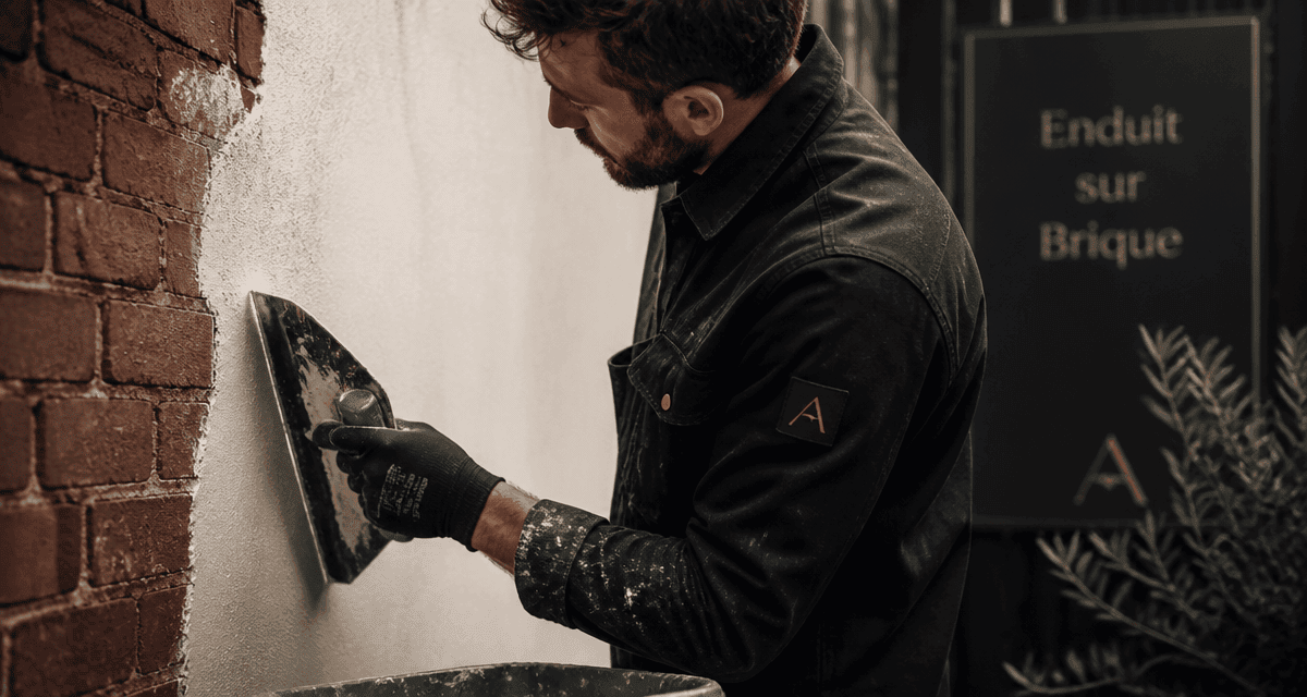 Enduit sur brique appliqué par artisan sur mur