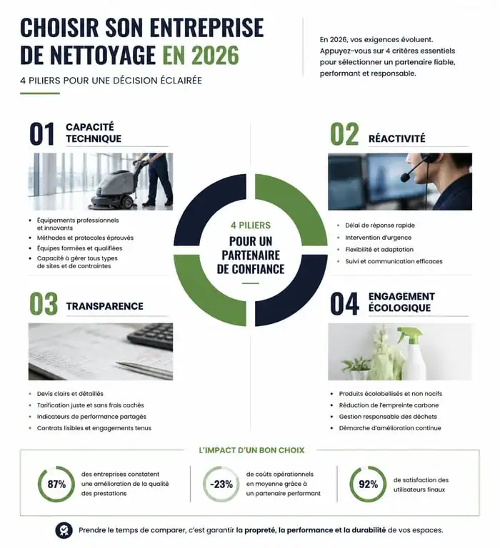 Infographie des critères de sélection pour la meilleure entreprise de nettoyage 2026 : capacité technique, réactivité, transparence et RSE.
