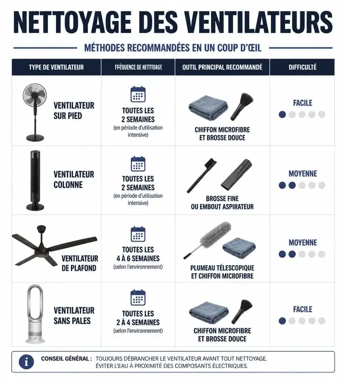 Tableau récapitulatif des méthodes et fréquences pour nettoyer un ventilateur selon son type