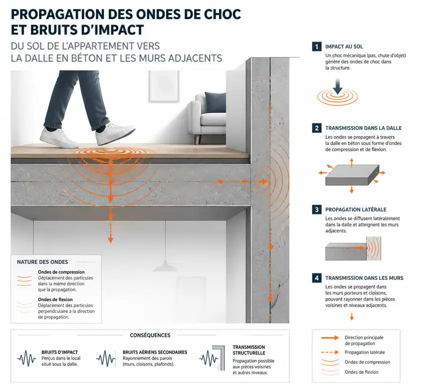 Schéma de propagation des bruits de pas lourds et vibrations dans la structure d'un immeuble