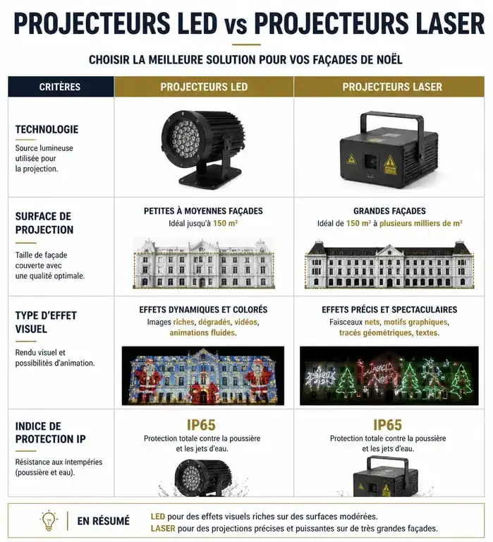 Comparatif technique projecteur LED vs Laser pour façade de Noël