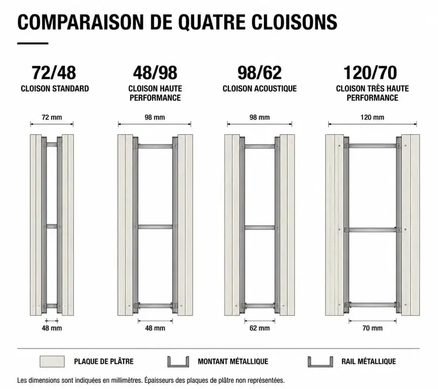 Comparatif des épaisseurs et structures des cloisons, incluant la cloison 48/98 pour l'isolation acoustique.