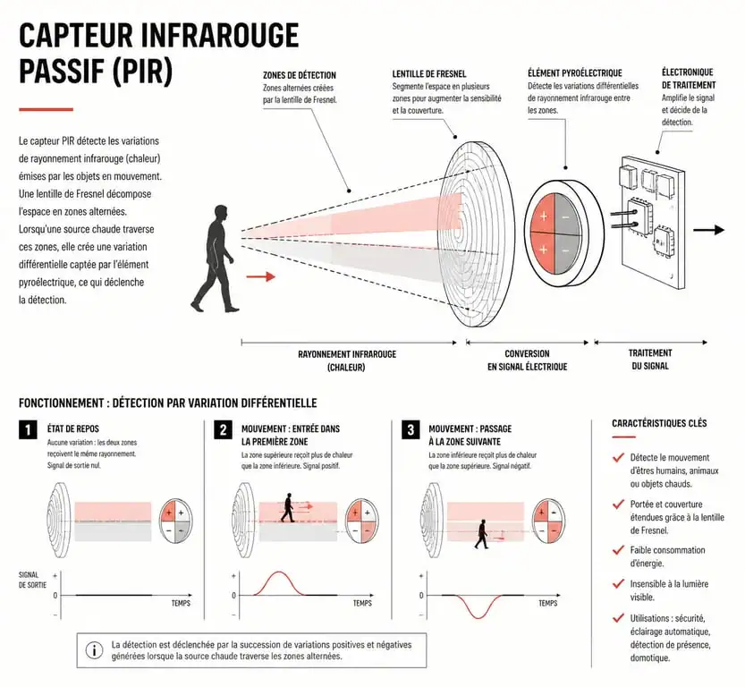 Schéma explicatif du fonctionnement d'un capteur de mouvement infrarouge passif PIR