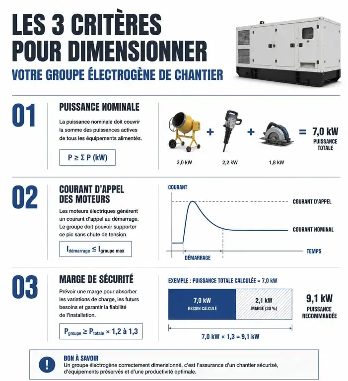 Infographie sur le dimensionnement d'un groupe électrogène de chantier