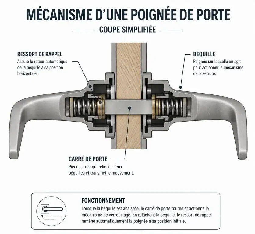 Schéma détaillé de l'intérieur du mécanisme d'une poignée de porte avec ses composants principaux