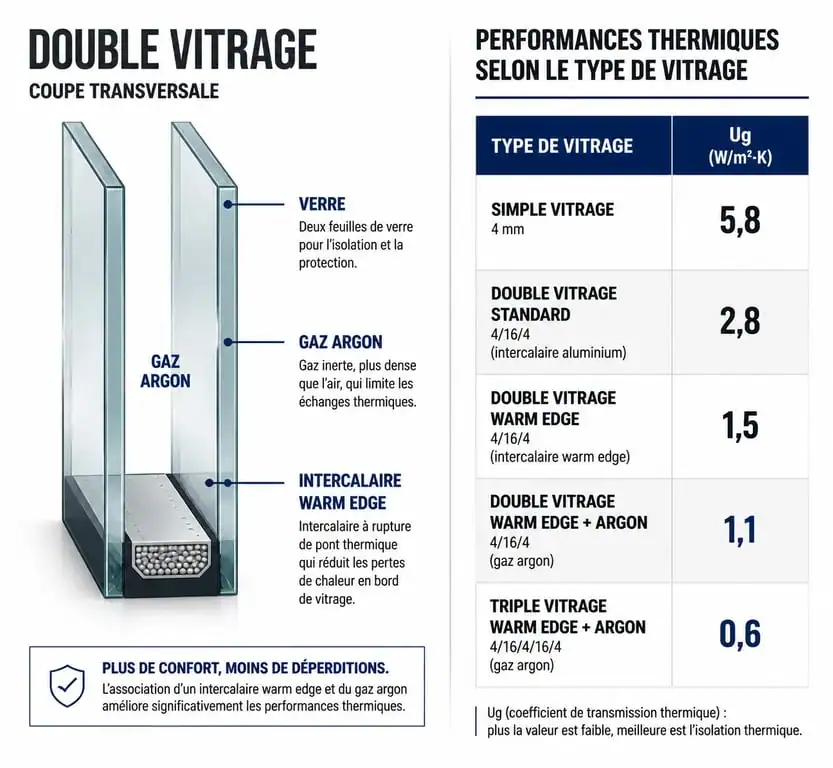 Infographie comparative des performances des différents types de double vitrage pour changer un double vitrage