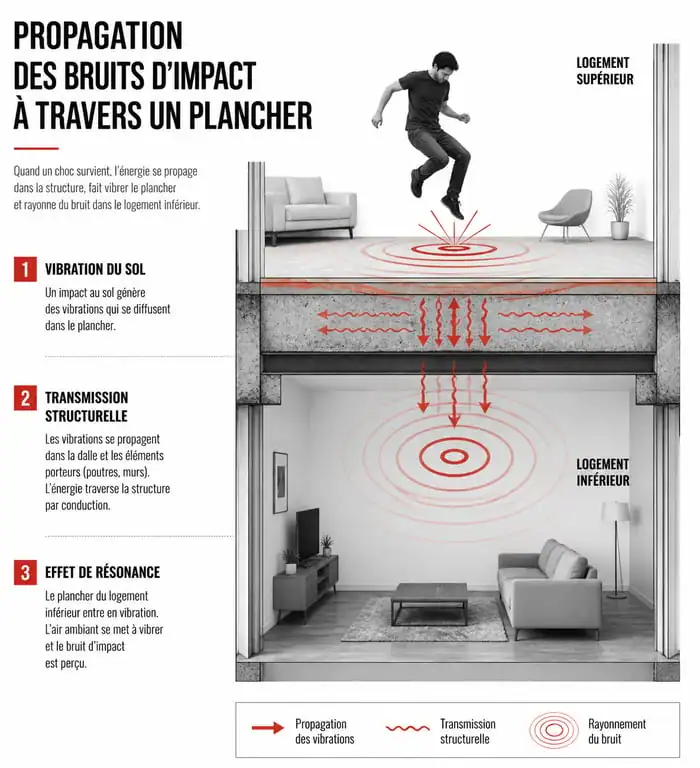 Schéma de propagation des bruits d'impact et nuisances sonores de voisinage en appartement