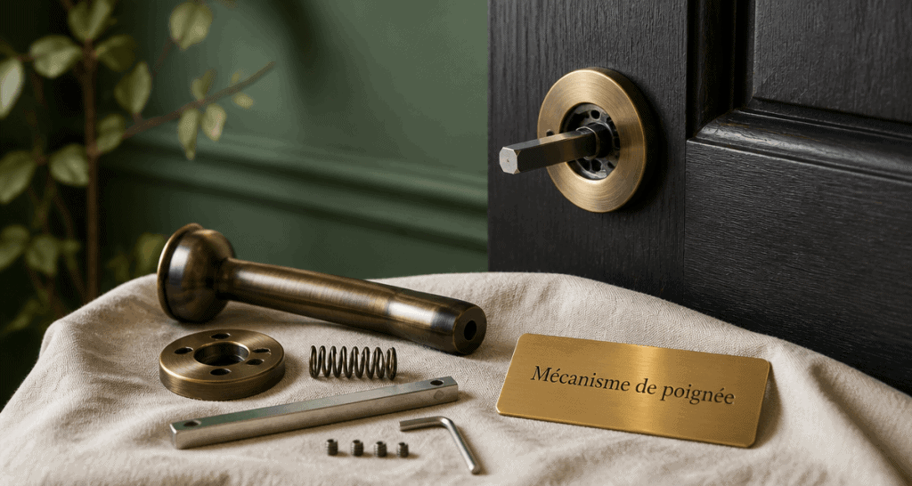 interieur mécanisme poignée de porte bronze démontée sur bois