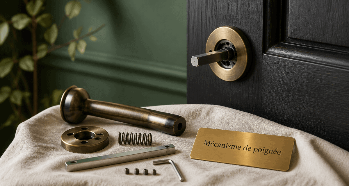 interieur mécanisme poignée de porte bronze démontée sur bois