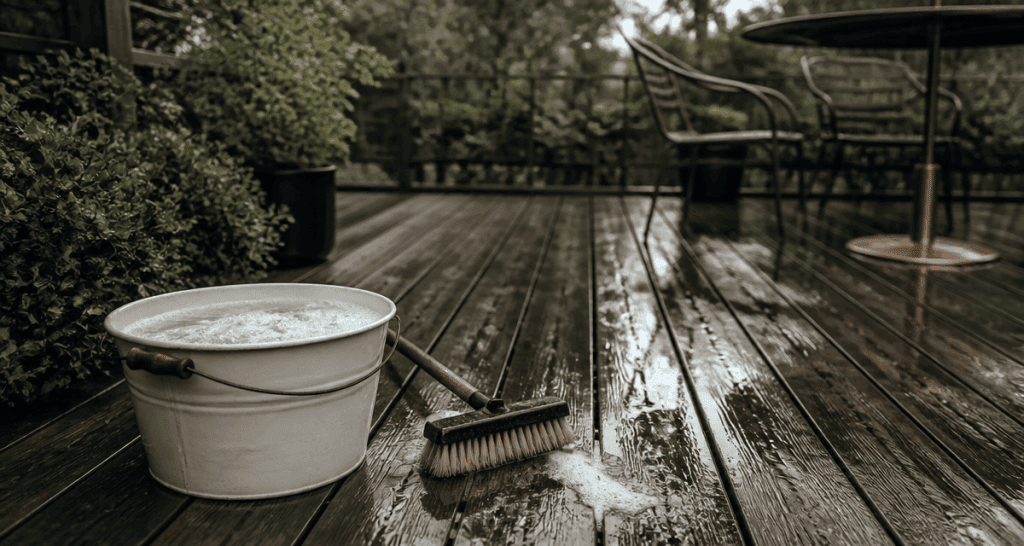 nettoyage terrasse bois savon noir avec balai brosse et seau