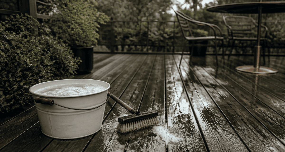 nettoyage terrasse bois savon noir avec balai brosse et seau
