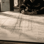 plan de récolement annoté sur table de chantier