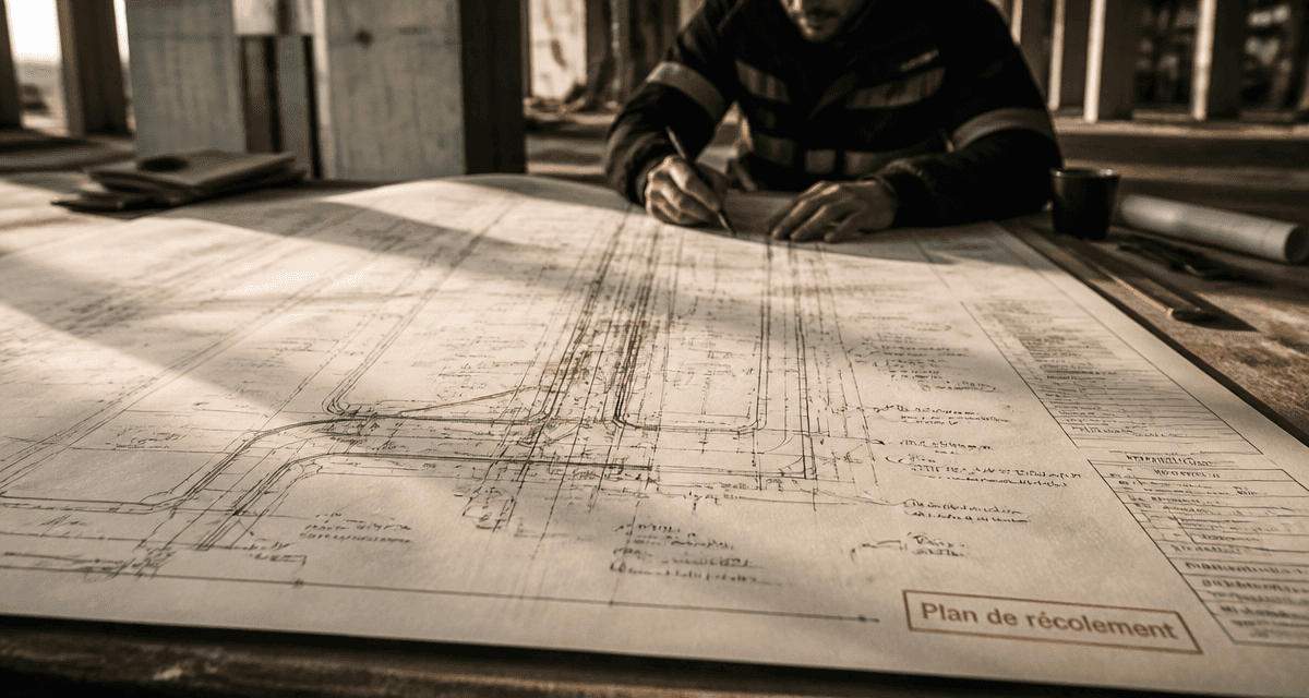 plan de récolement annoté sur table de chantier