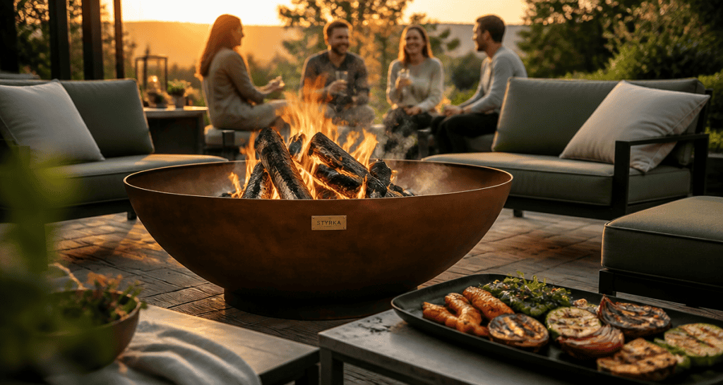 qu est ce qu un brasero sur terrasse en bois au coucher du soleil