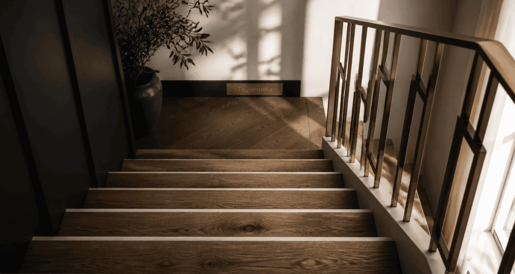 Treppenstufen escalier bois massif vue plongeante