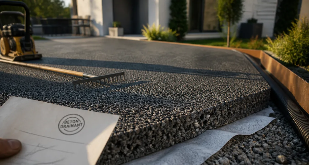 Béton drainant prix m2 : allée posée avec géotextile et drainage