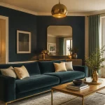 Salon moderne avec bleu canard fonce, canapé velours et lumière chaude