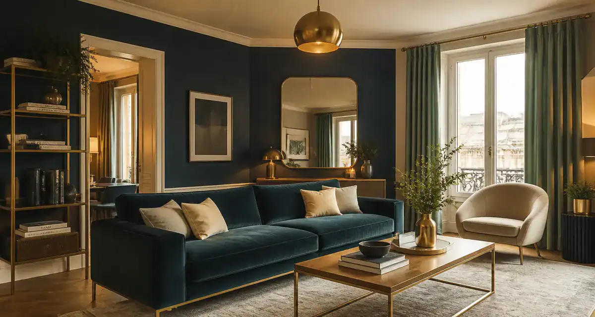 Salon moderne avec bleu canard fonce, canapé velours et lumière chaude