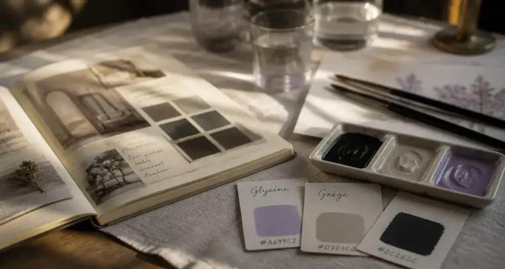 Couleur en g : palette gris anthracite, grège et glycine, inspiration déco