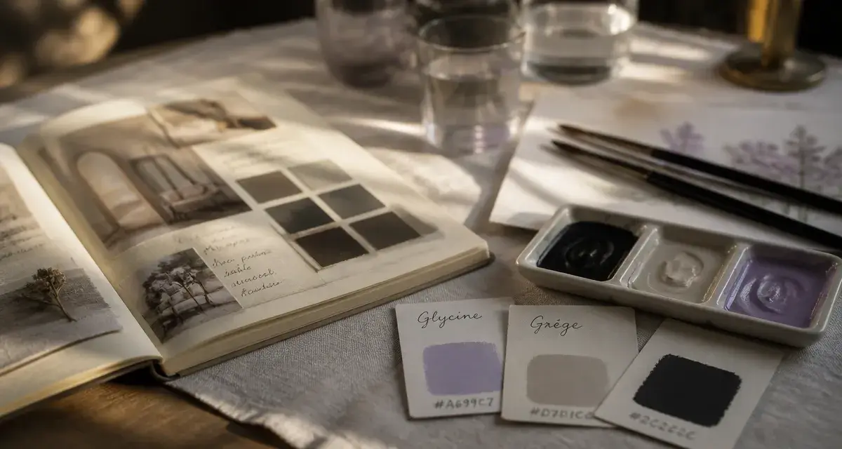 Couleur en g : palette gris anthracite, grège et glycine, inspiration déco