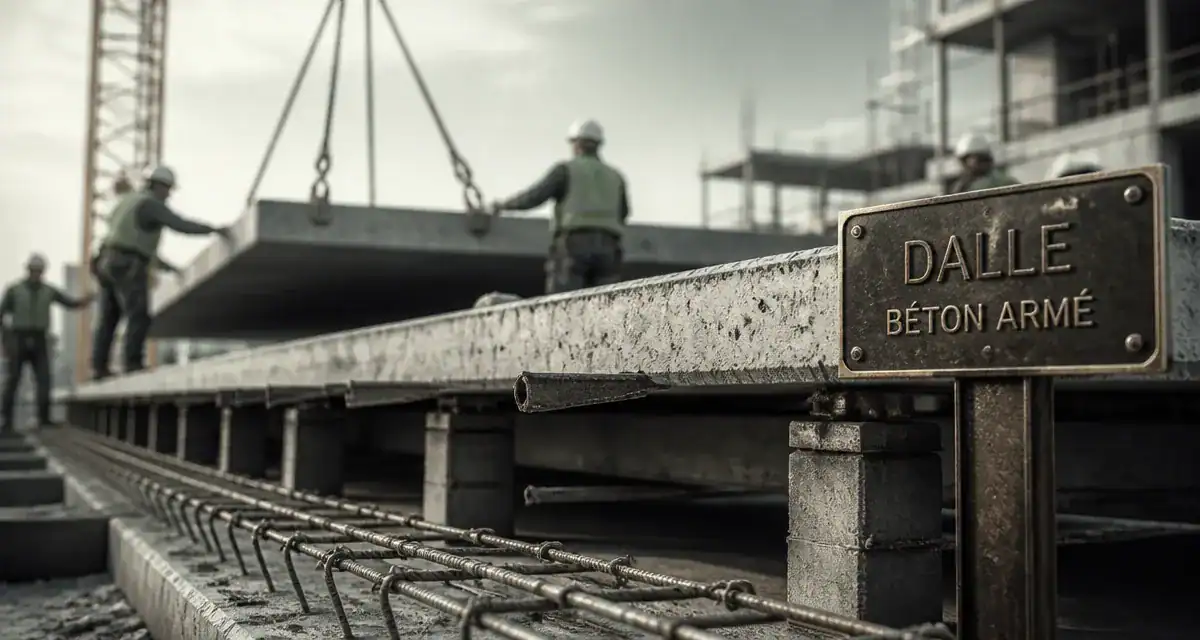 dalle en béton armé posée sur plots en chantier