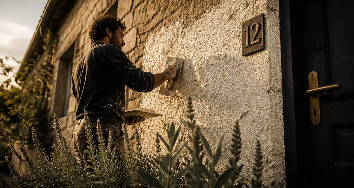 enduit chaux chanvre exterieur appliqué sur mur en pierre