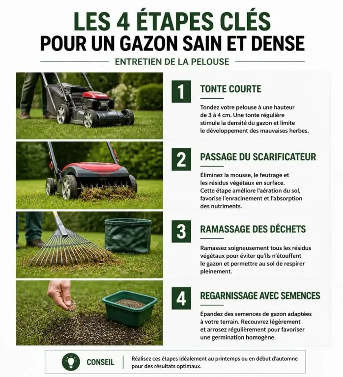 Schéma des étapes pour scarifier sa pelouse efficacement