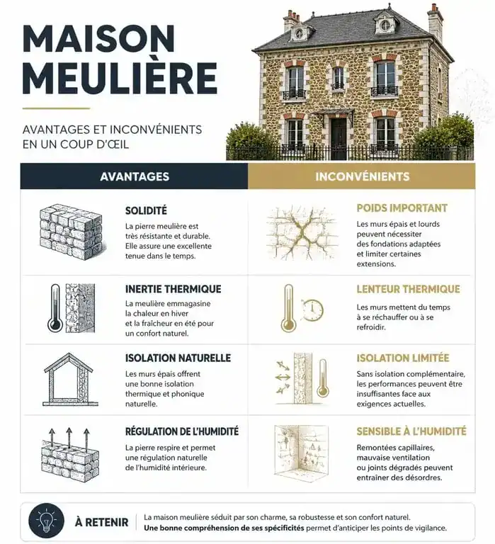 Infographie comparative des avantages et inconvénients d'une maison meulière pour la rénovation