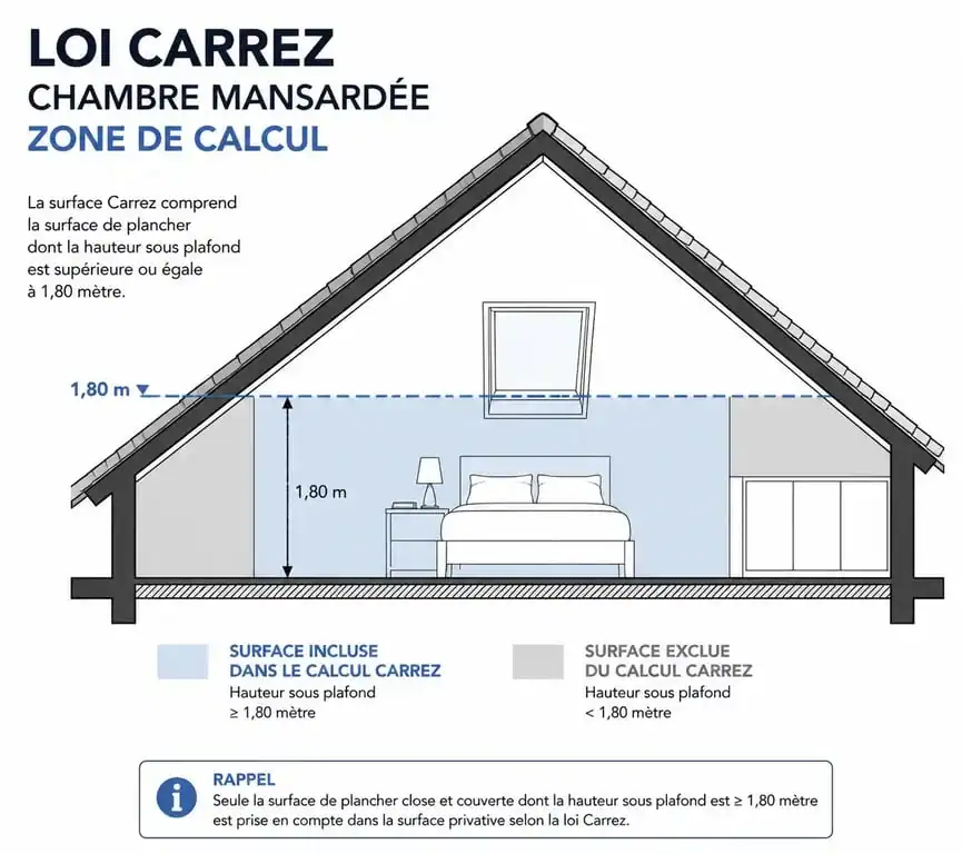 Schéma explicatif de la méthode de calcul de la surface loi Carrez dans une chambre mansardée