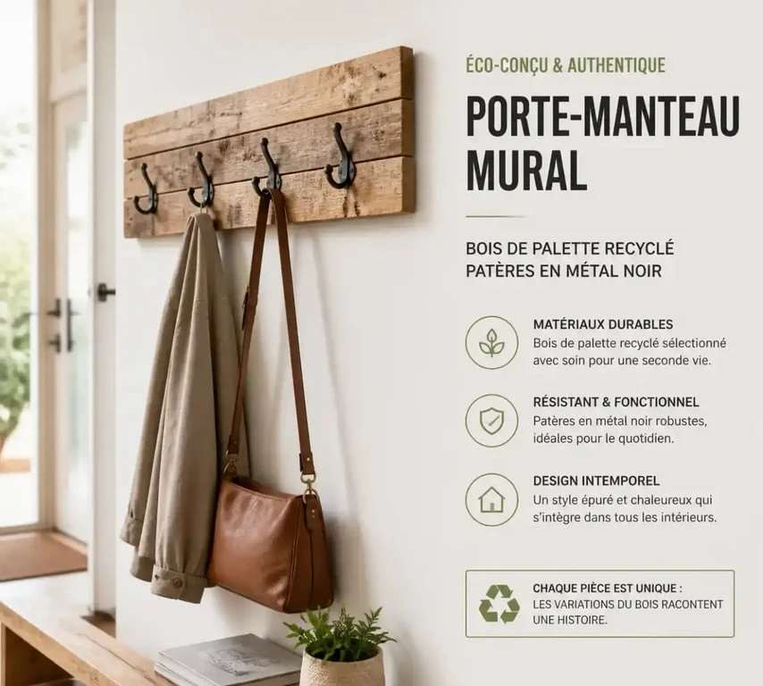 Porte-manteau en palettes recyclées installé dans une entrée moderne